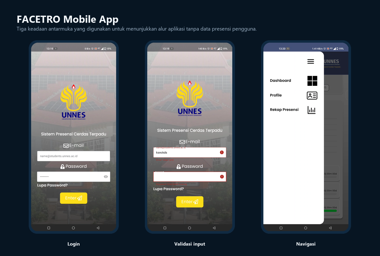 Tampilan login, validasi input, dan navigasi aplikasi mobile FACETRO